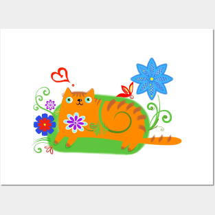 cat in flowers Posters and Art